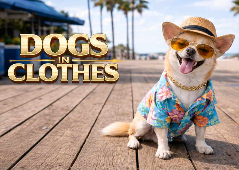 Dog wearing a hawaiian shirt and sunglasses on a wooden boardwalk with 'Dogs in Clothes' text.